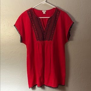 J. Crew Women’s Red Embroidered Pom Pom Short Sleeve Tunic